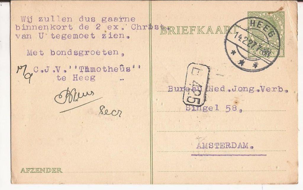HEEG 1927 Secr C.J.V. TIMOTHEUS, Verzamelen, Verzenden, 1920 tot 1940, Gelopen, Friesland