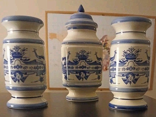 Set van 3 apothekerspotten, handgeschilderd Delfts Blauw, Antiek en Kunst, Ophalen of Verzenden