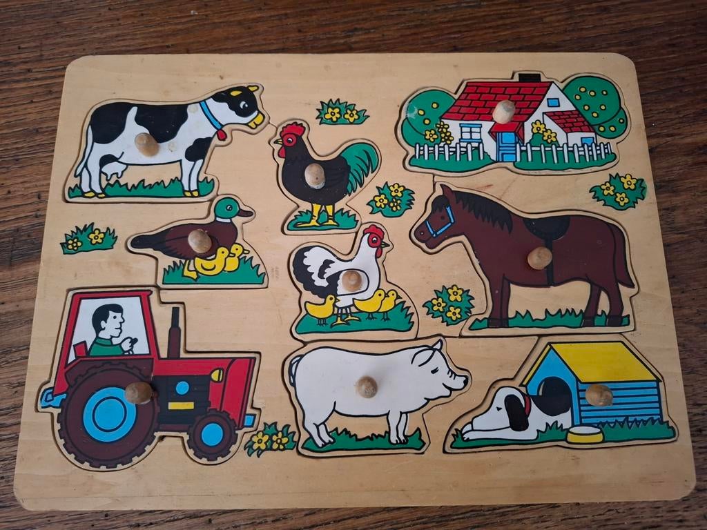 Houten legpuzzel boerderijdieren met knoppen, Ophalen, 2 tot 4 jaar, Gebruikt, 10 tot 50 stukjes