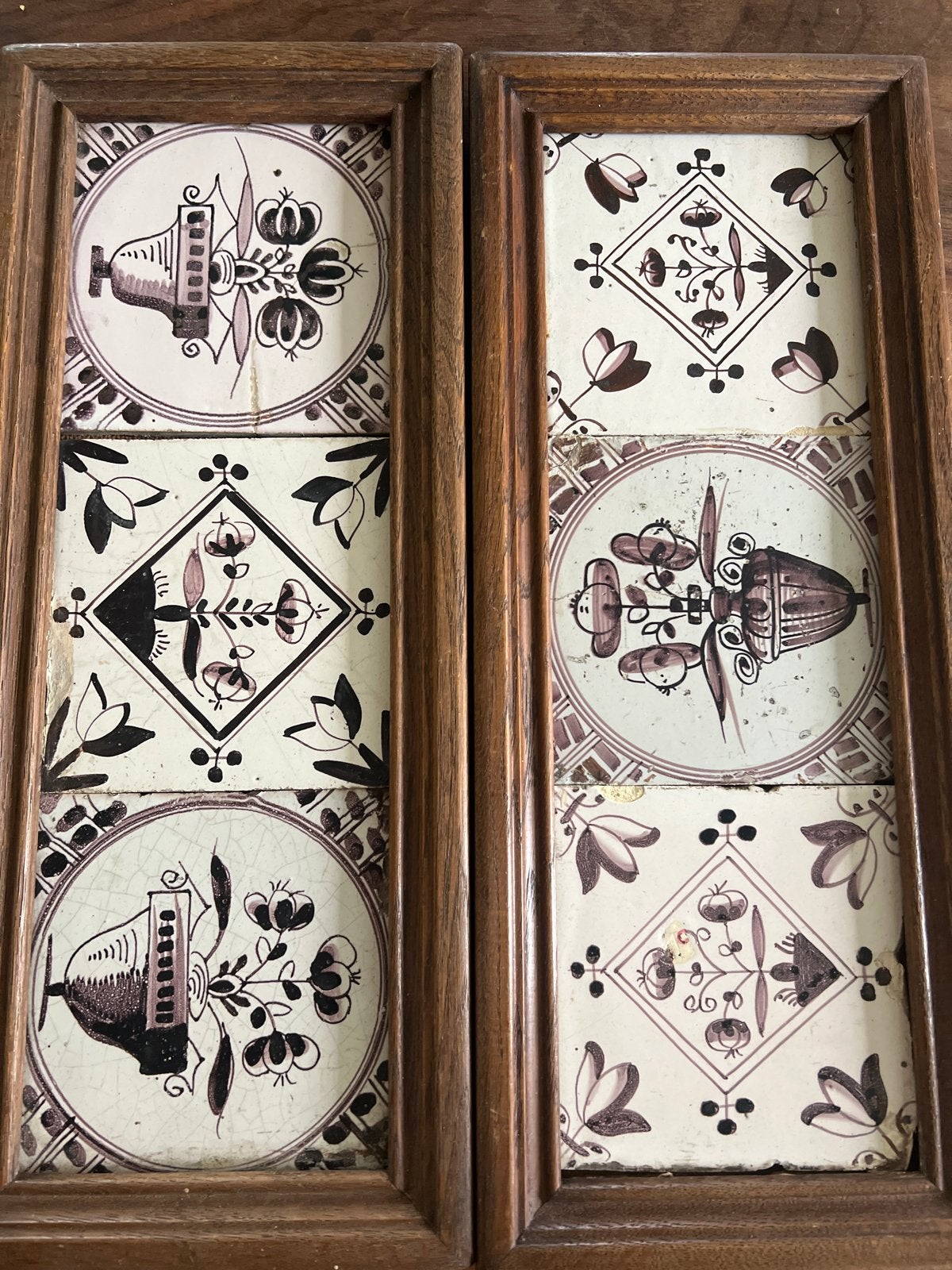 Antieke Mangaan Tegels in Houten Lijst - Set van 2, Antiek en Kunst, Antiek | Wandborden en Tegels, Ophalen of Verzenden