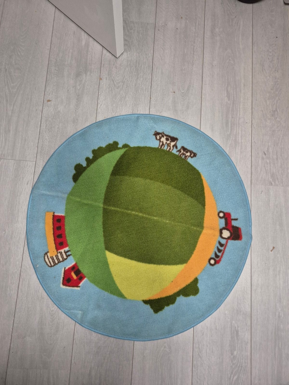 Rond kindertapijt met boerderijthema - Blauw/Groen, Ophalen of Verzenden, Gebruikt
