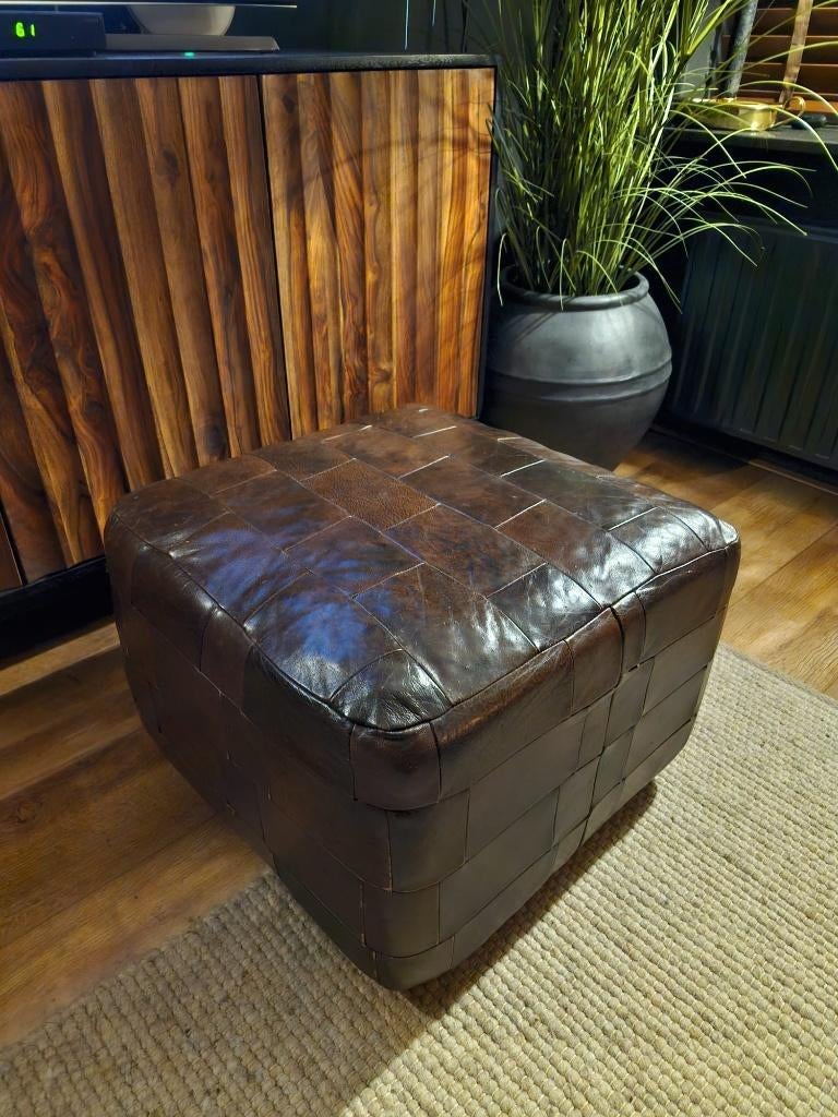 Vintage bruine leren poef, patchwork., Ophalen