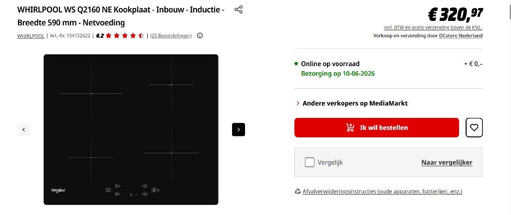 Whirlpool Inductiekookplaat (WS Q2160 NE) – Zgan, Zo goed als nieuw, Inbouw, Elektrisch, 4 kookzones