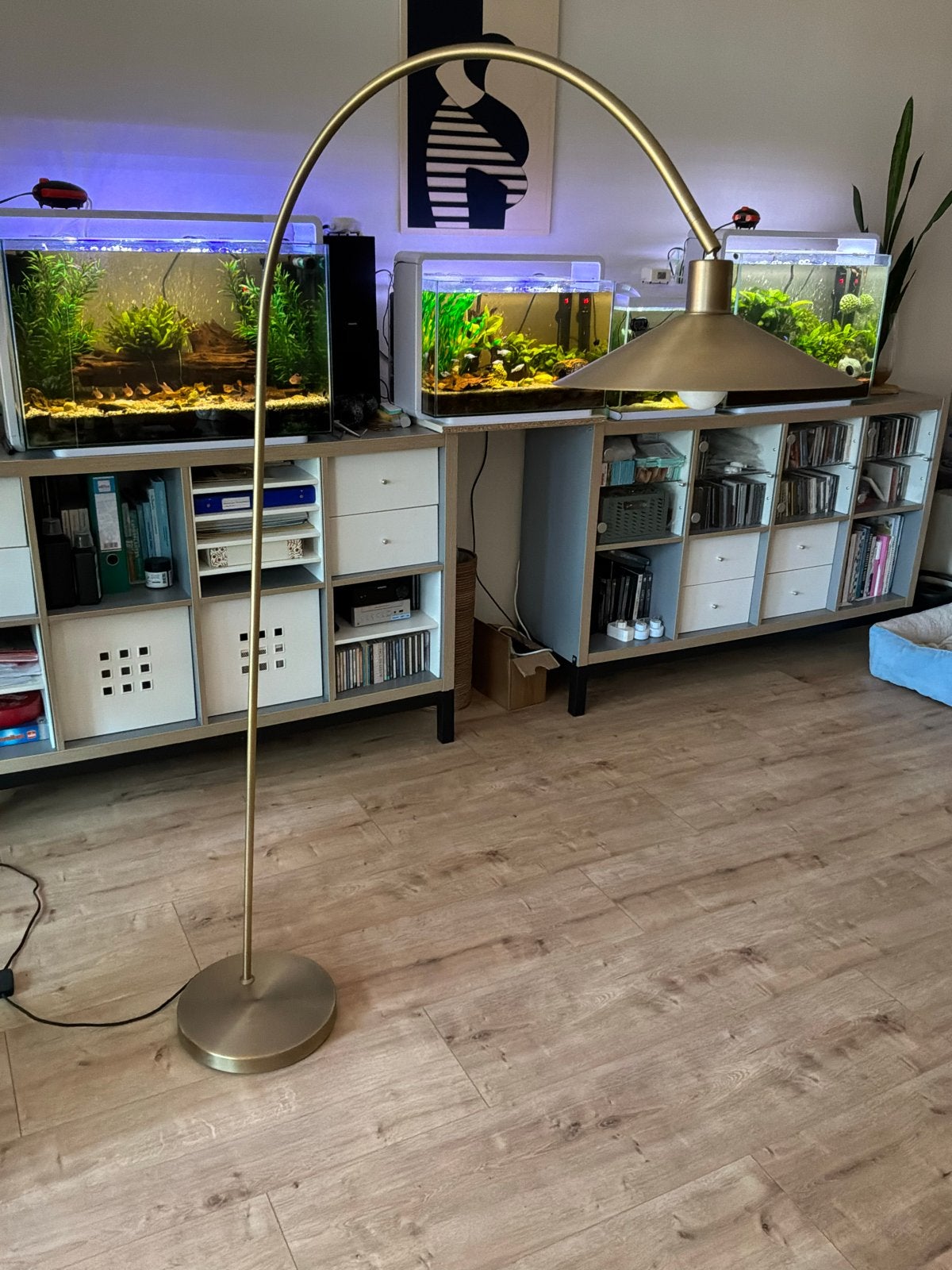 Moderne booglamp met messing afwerking, Ophalen, E27 (groot), Zo goed als nieuw, Metaal