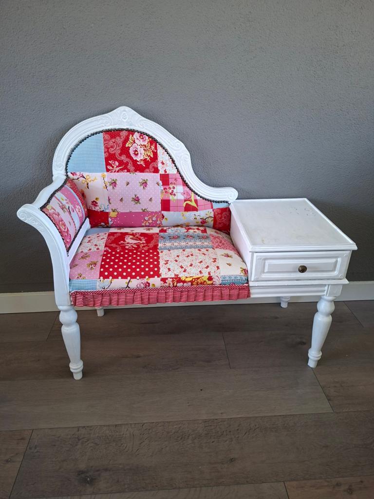 Uniek bankje met tafel en lade - Patchwork design, Antiek en Kunst, Ophalen of Verzenden
