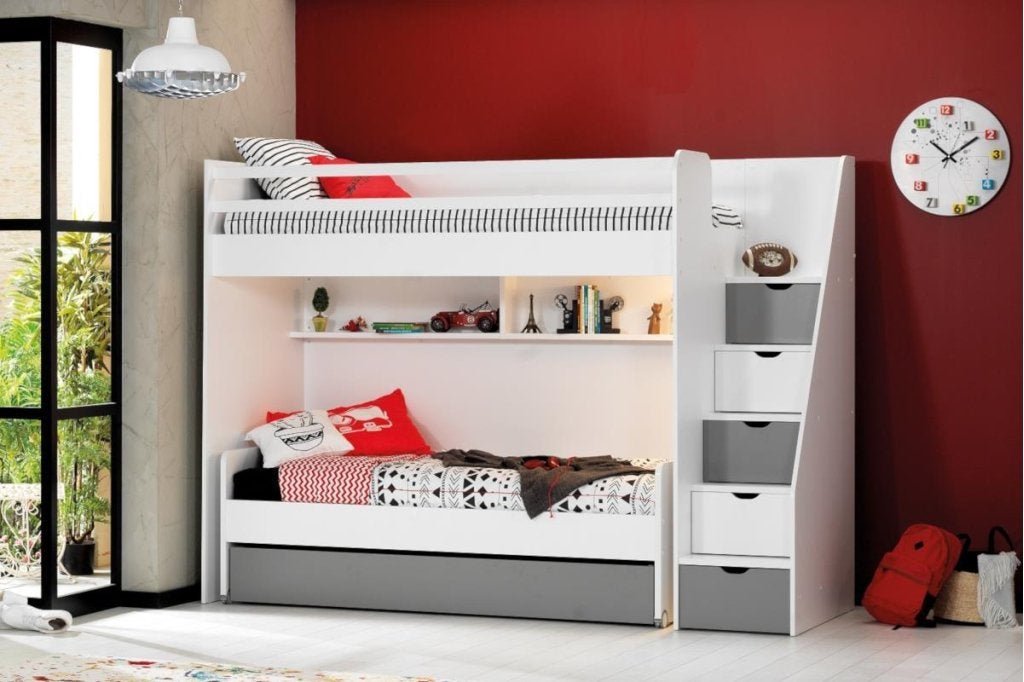 Neo stapelbed (met bedlade) - 90x200 - Wit/grijs, Niet ingevuld, Niet ingevuld, Niet ingevuld