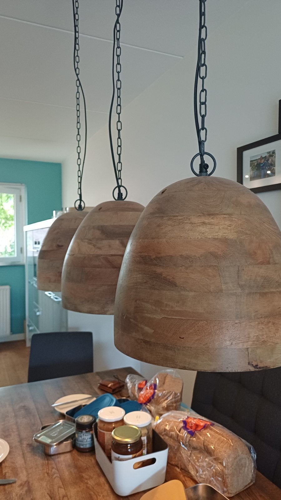 Mangohouten hanglamp met 3 kappen - Eettafel/Woonkamer, Huis en Inrichting, Lampen | Hanglampen, Ophalen, Gebruikt, Hout, E27 (groot)