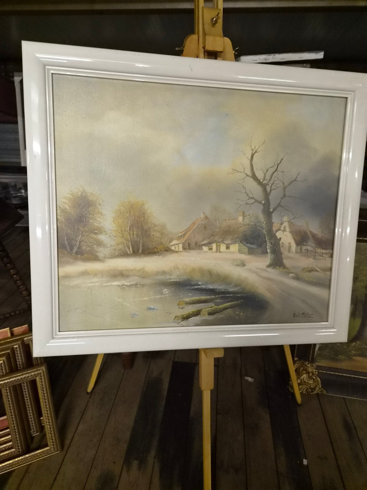 Schilderij Winterlandschap met boerderijen en water, Ophalen of Verzenden
