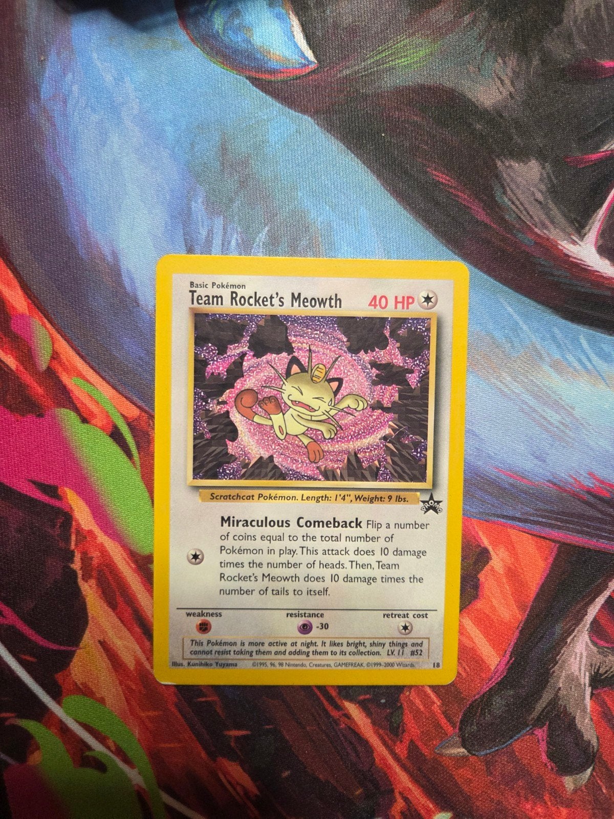 Team Rocket's Meowth 18 Black Star Promo Wotc era, Ophalen of Verzenden, Zo goed als nieuw, Losse kaart