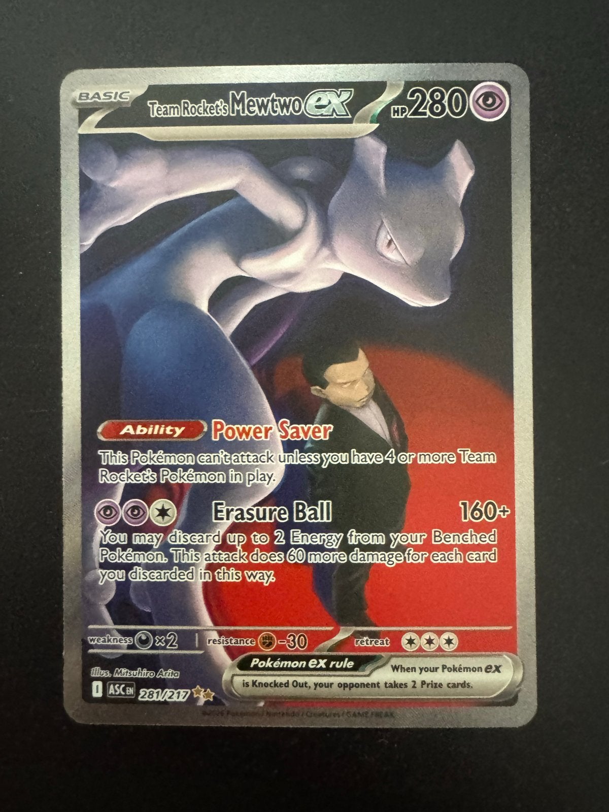 Team Rocket's Mewtwo EX Pokémon Kaart 281/217, Ophalen of Verzenden, Zo goed als nieuw, Losse kaart, Foil