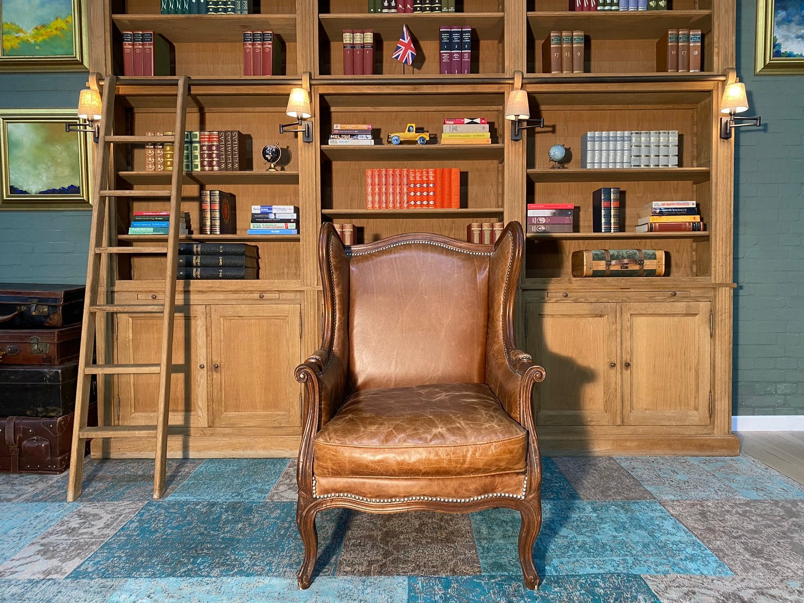 Engelse Chesterfield oorfauteuil vintage cognac, Huis en Inrichting, Fauteuils, Ophalen, Gebruikt, 75 tot 100 cm, Leer