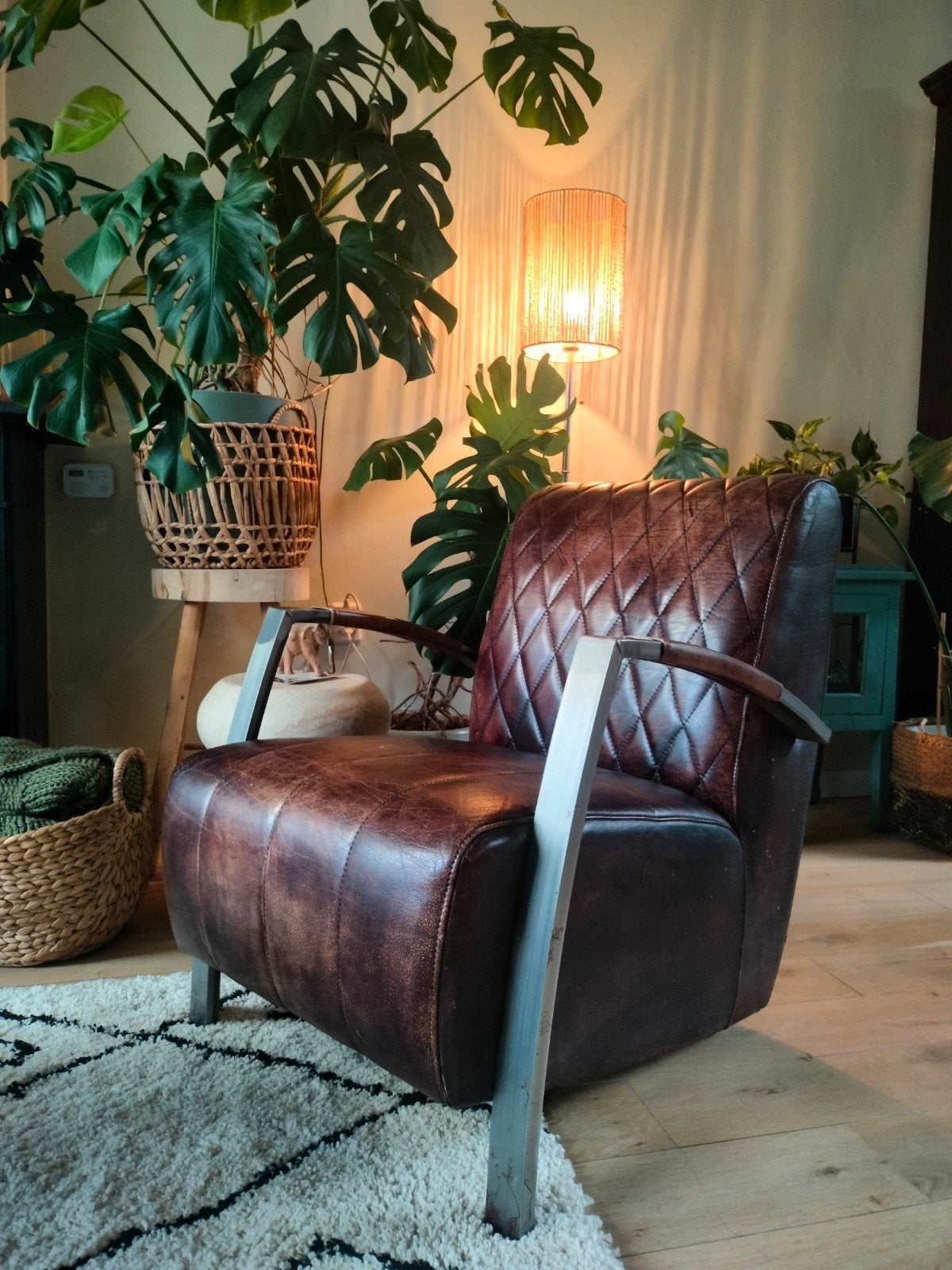 Stoere vintage industriële Fauteuil Cognac echt Leer Ruit, Vintage, Ophalen of Verzenden, Zo goed als nieuw, Leer