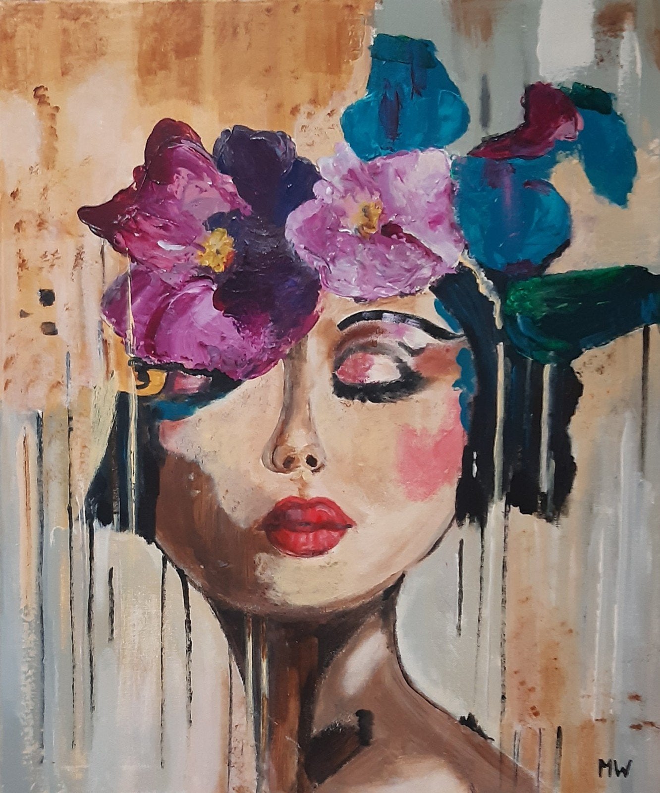 Sfeervol bloemenschilderij met dikke verf - 60x50cm, Handgeschilderd, Ophalen of Verzenden, Olieverf, Bloemen