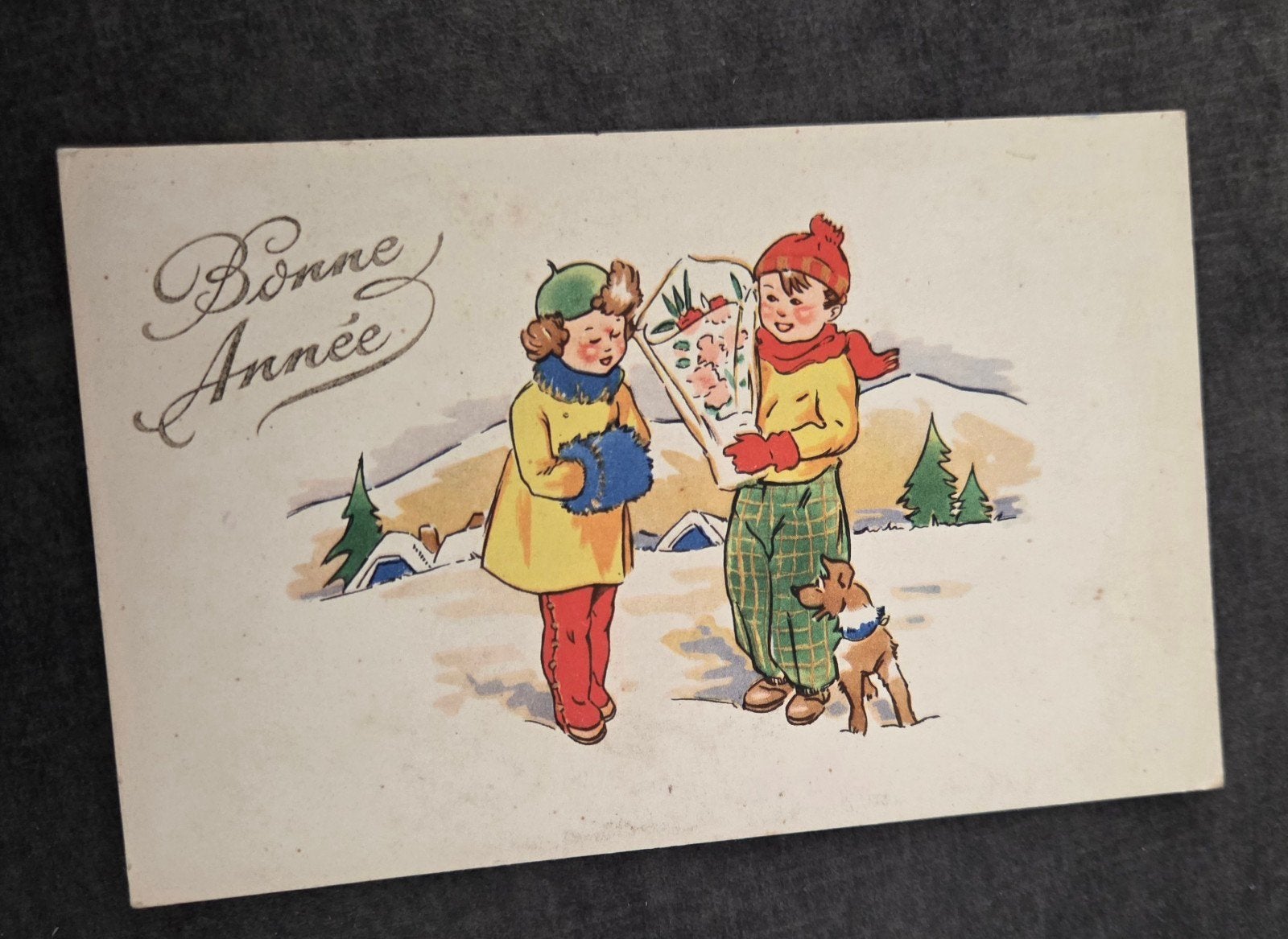 Vintage Ansichtkaart 'Bonne Année' - Kinderen in de Sneeuw, Verzenden, 1940 tot 1960, Gelopen, Feest(dag)