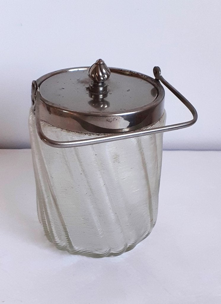 Antieke Friese draadglas koekjes-pot met deksel en hengsel, Ophalen