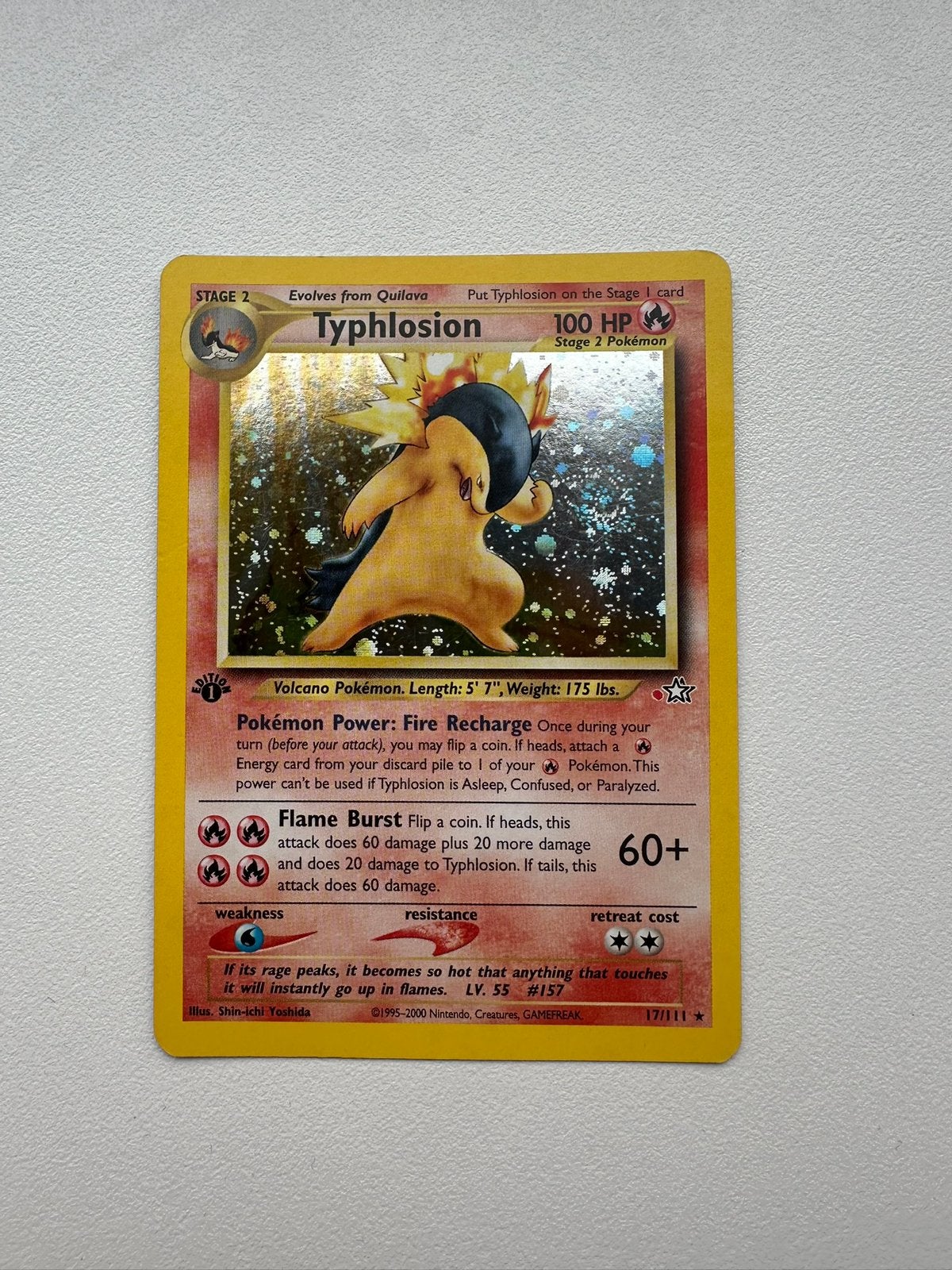 Typhlosion 17 1st Edition Holo – Red Dot Error – Neo Genesis, Ophalen of Verzenden, Zo goed als nieuw, Losse kaart, Foil