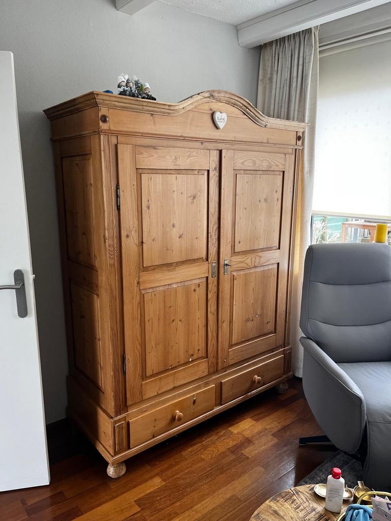 Antieke grenen kast met twee deuren en lades, Huis en Inrichting, Ophalen, Zo goed als nieuw, 25 tot 50 cm, 150 tot 200 cm