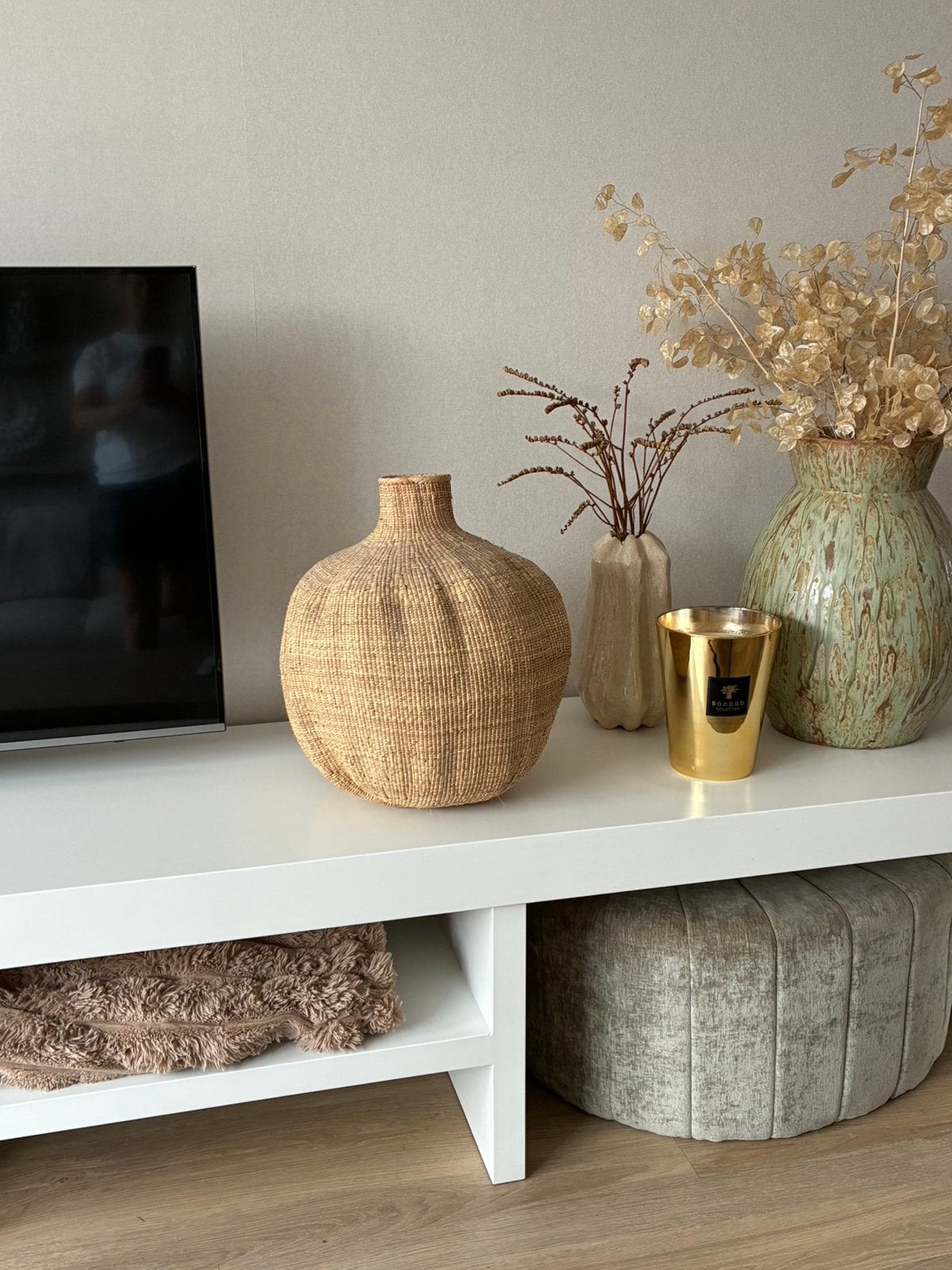 Grtoe knoflookvaas vaad pot rotan ibiza bohemian, Ophalen of Verzenden, Zo goed als nieuw, Rond, Riet