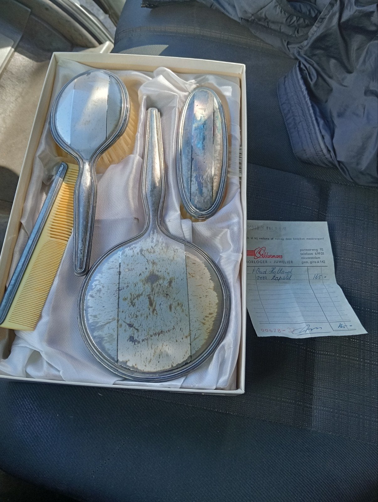 Vintage verzilverde kapset met spiegel, borstels en kam, Ophalen of Verzenden