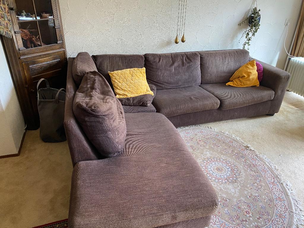 Bruine hoekbank, Huis en Inrichting, Banken | Bankstellen, Ophalen, Stof, 250 tot 300 cm, Gebruikt
