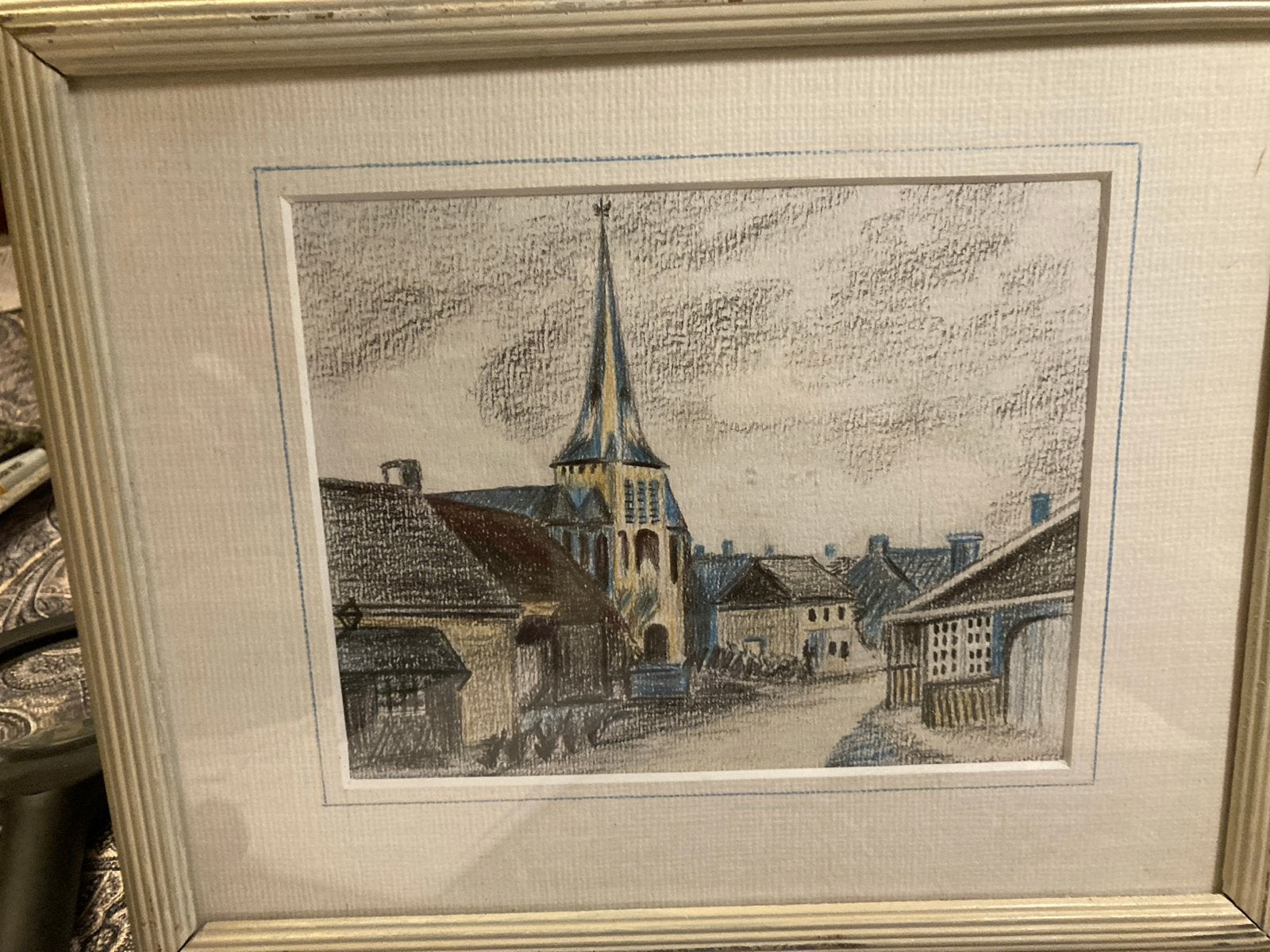 Pentekening met kleurpotlood derpsgezicht, Antiek en Kunst, Kunst | Schilderijen | Klassiek, Verzenden, Realistisch, Tekening