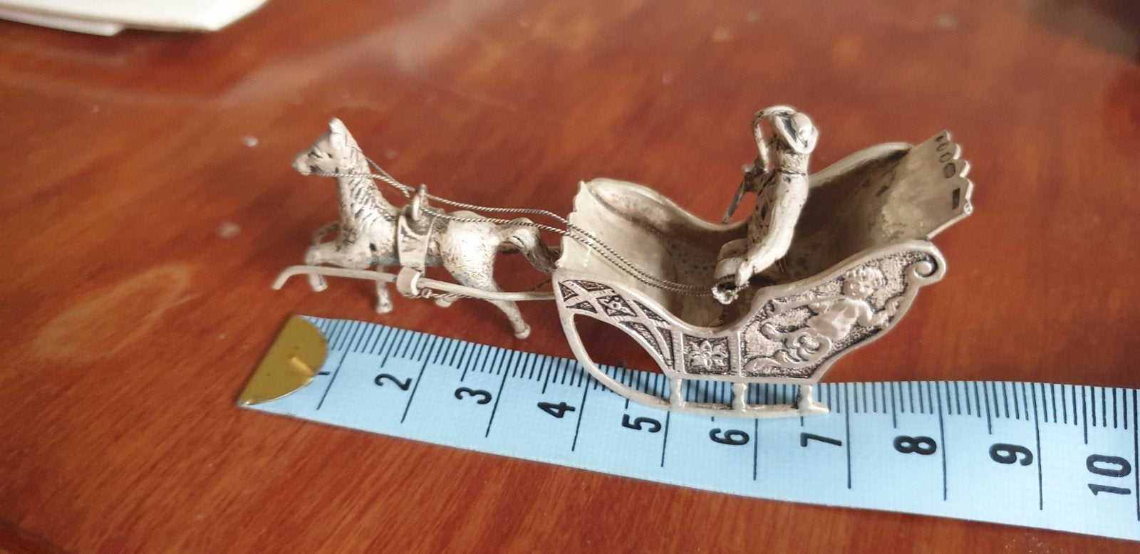 Zilver miniatuur slee met paard en figuur, Ophalen of Verzenden