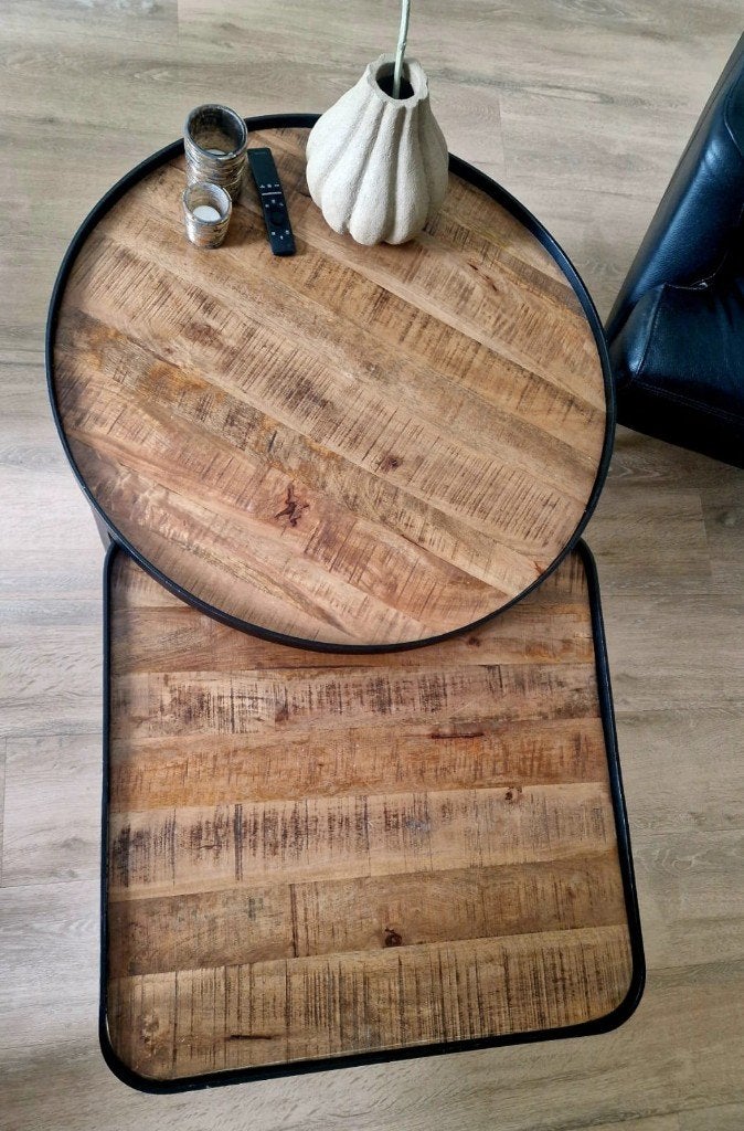 Mango houten salontafel set (1 rond, 1 vierkant), Huis en Inrichting, Ophalen, Gebruikt, 50 tot 100 cm, 50 tot 100 cm