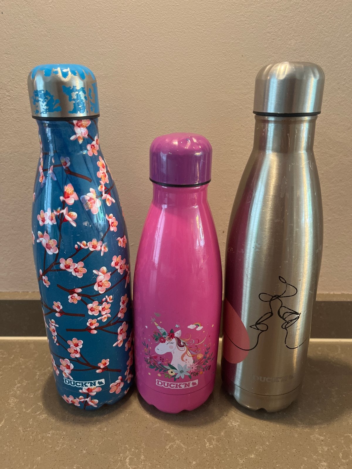 Set van 3 DUCK'N drinkflessen isoleerfles thermosfles rvs, Ophalen of Verzenden, Gebruikt