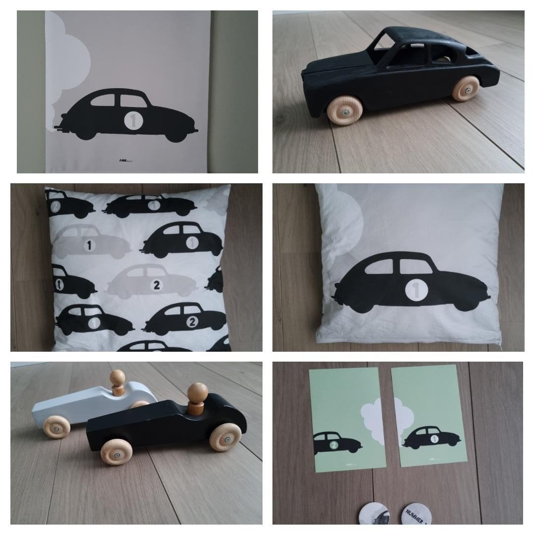 Annidesign textielposter kussen houten auto's grijs porsche, Kinderen en Baby's, Ophalen of Verzenden, Kleed of Kussen