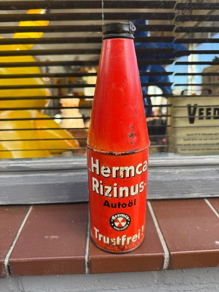 Vintage Hermca Rizinus Auto?l blik Conisch, Verzamelen, Gebruikt, ., ., .