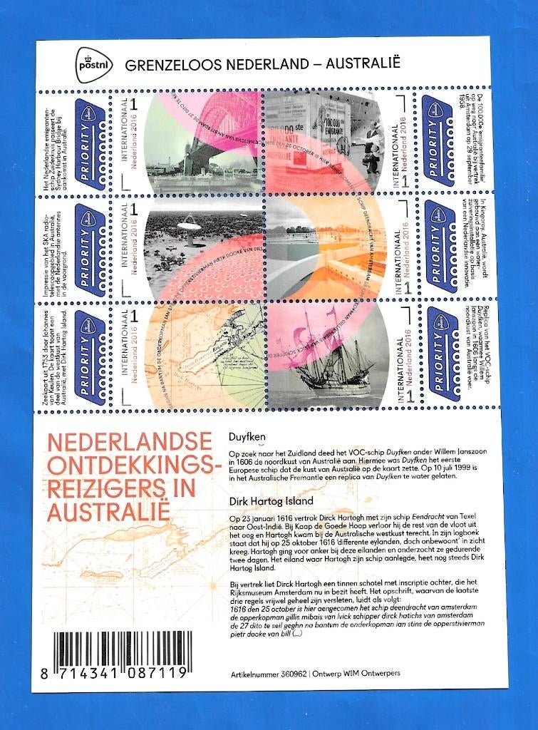 NVPH 3441-46 A Vel Grenzeloos Nederland - Australië - 2016, Postzegels en Munten, Postzegels | Nederland, Verzenden, Na 1940, Postfris