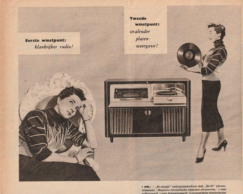 Retro reclame 1957 Philips radio radiogrammofoon bi-ampli, Verzenden, Overige typen