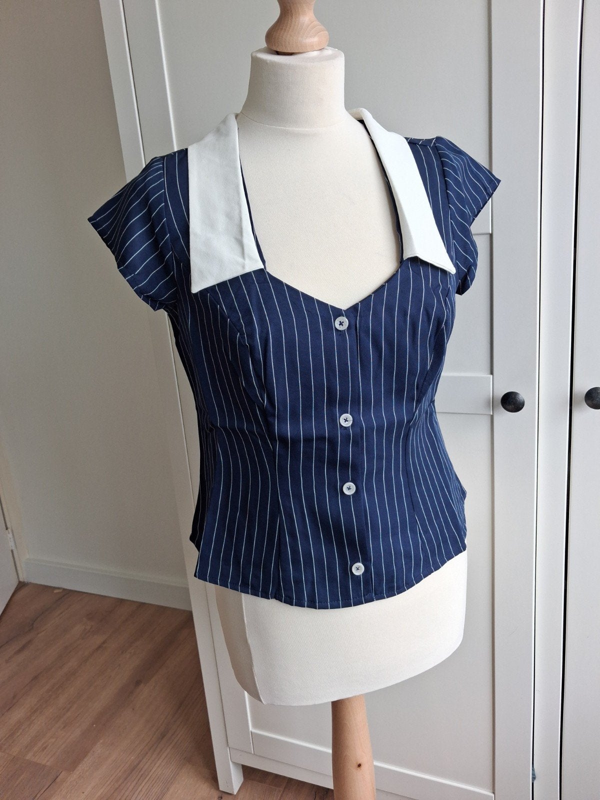 Retro donkerblauwe blouse met kraag, Groningen, Blauw, Nieuw, Ophalen of Verzenden