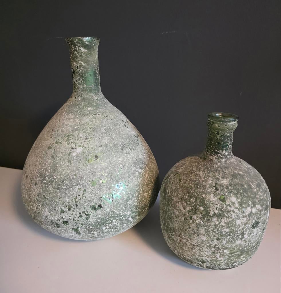 Set van 2 groene glazen vazen, Ophalen, Minder dan 50 cm, Groen, Glas