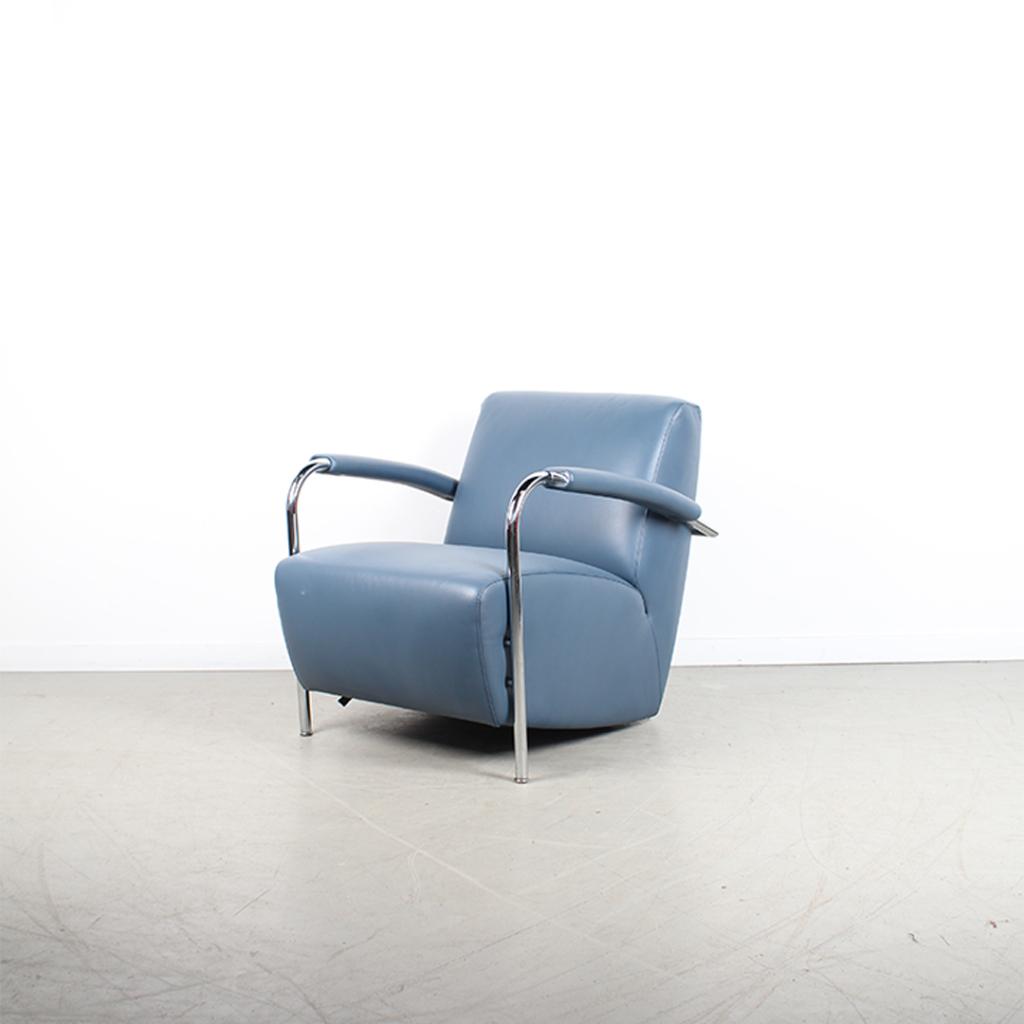 2x Leolux Scylla Fauteuil Blauw Leer – Chroom, Huis en Inrichting, Fauteuils, Niet ingevuld, Niet ingevuld, Ophalen of Verzenden