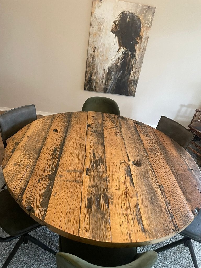 Robuuste eikenhouten eettafel (oude wagondelen), Ophalen, Gebruikt, 150 tot 200 cm, 200 cm of meer