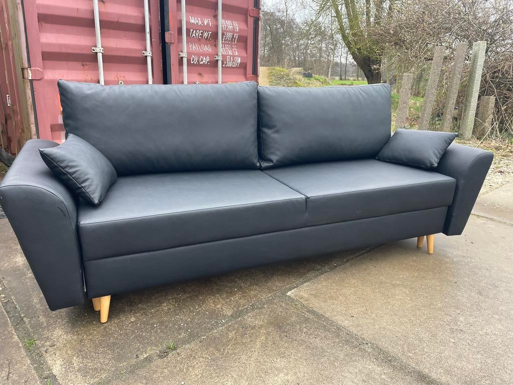 Design Slaapbank..zwart leder, Ophalen, Zo goed als nieuw, Tweepersoons, Zwart