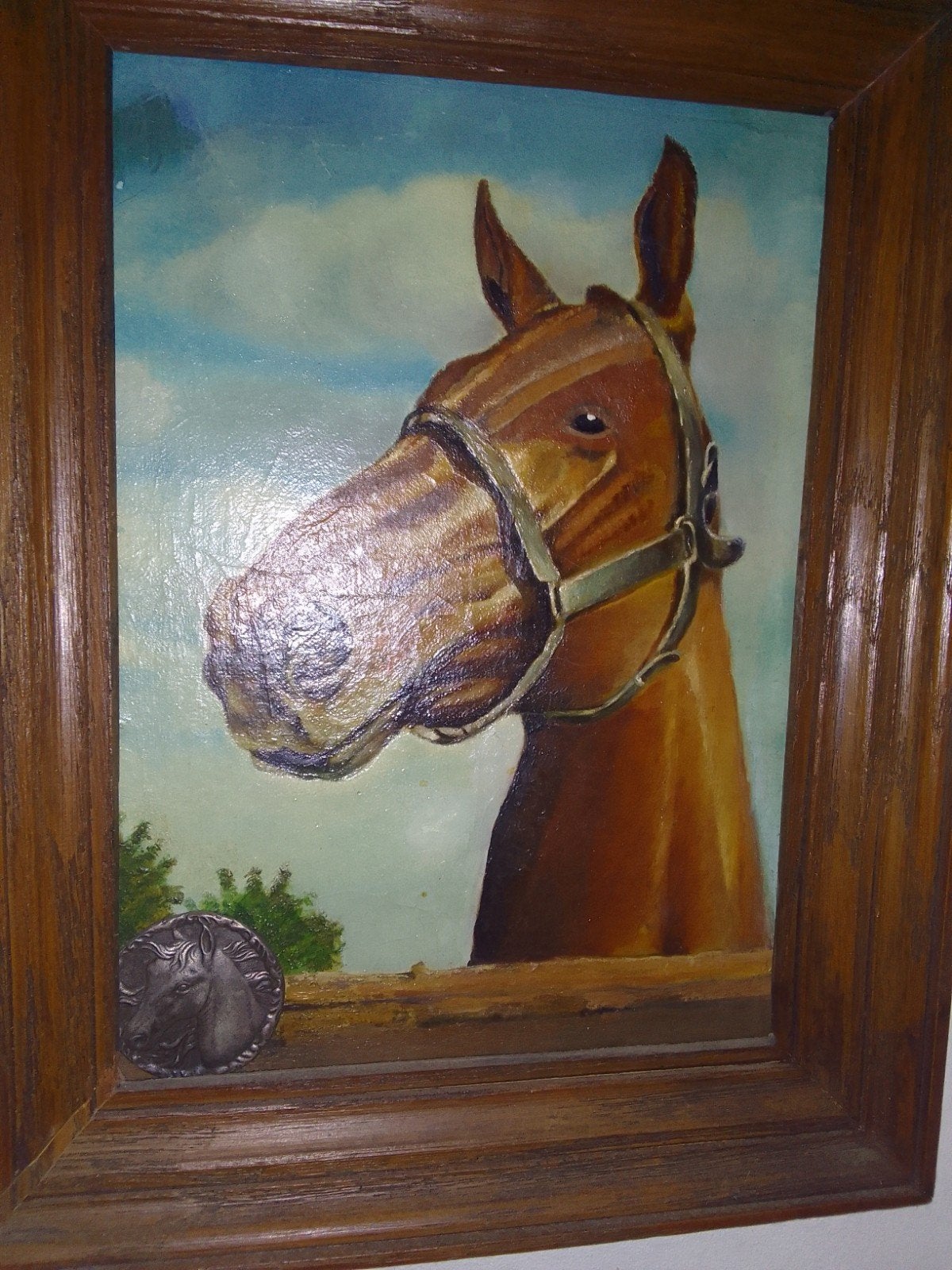 Olieverfschilderij paard in houten lijst, Antiek en Kunst, Doek, Dieren, Ophalen of Verzenden, Olieverf