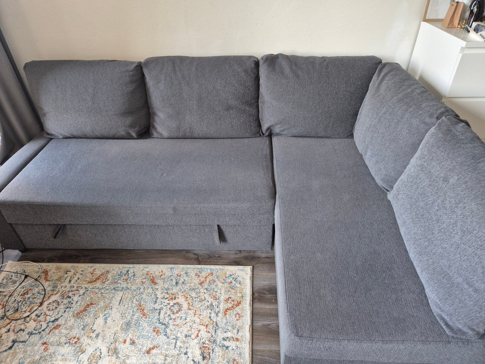 IKEA FRIHETEN- Hoekslaapbank met opberger – Donkergr, Ophalen, Gebruikt, Stof, Modern, Functioneel