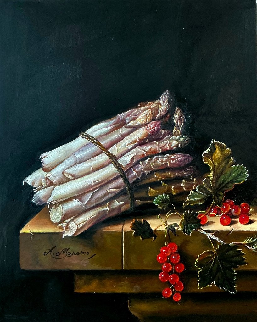 Stilleven met asperges en aalbessen. ( A.Moreno, 1947 ), Ingelijst, Paneel, Stilleven, Ophalen of Verzenden