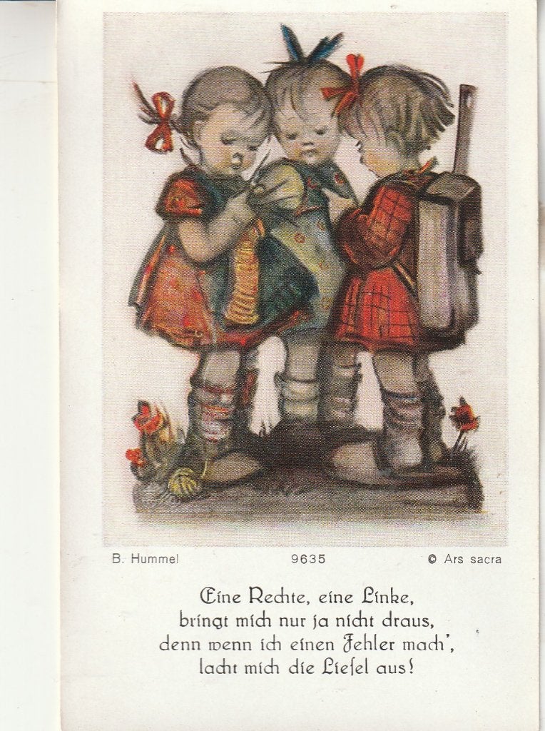 Vintage B. Hummel Ars Sacra Prent: Drie Breiende Meisjes, Verzamelen, Ophalen of Verzenden, Gebruikt, Kaart of Prent
