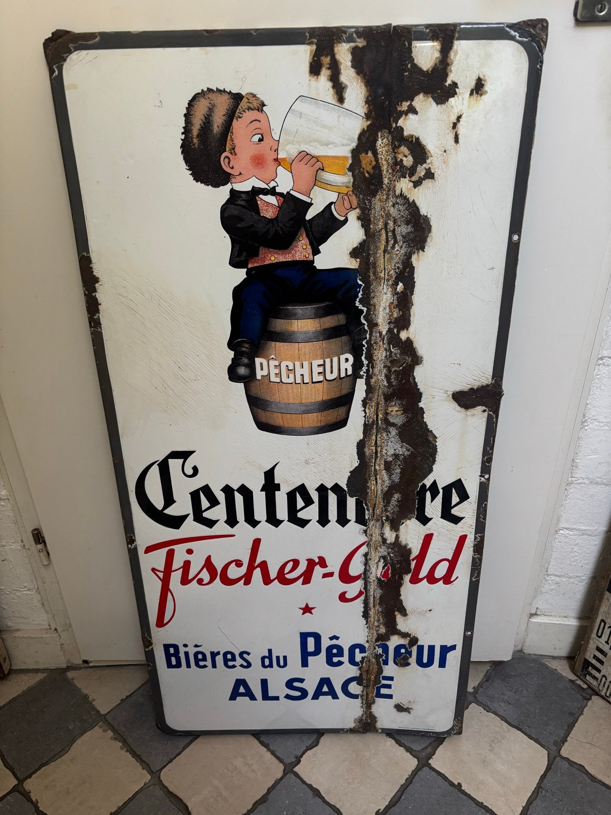 Oud emaille bierbord "Centenaire Fischer-Gold Bières du Pêch, Ophalen