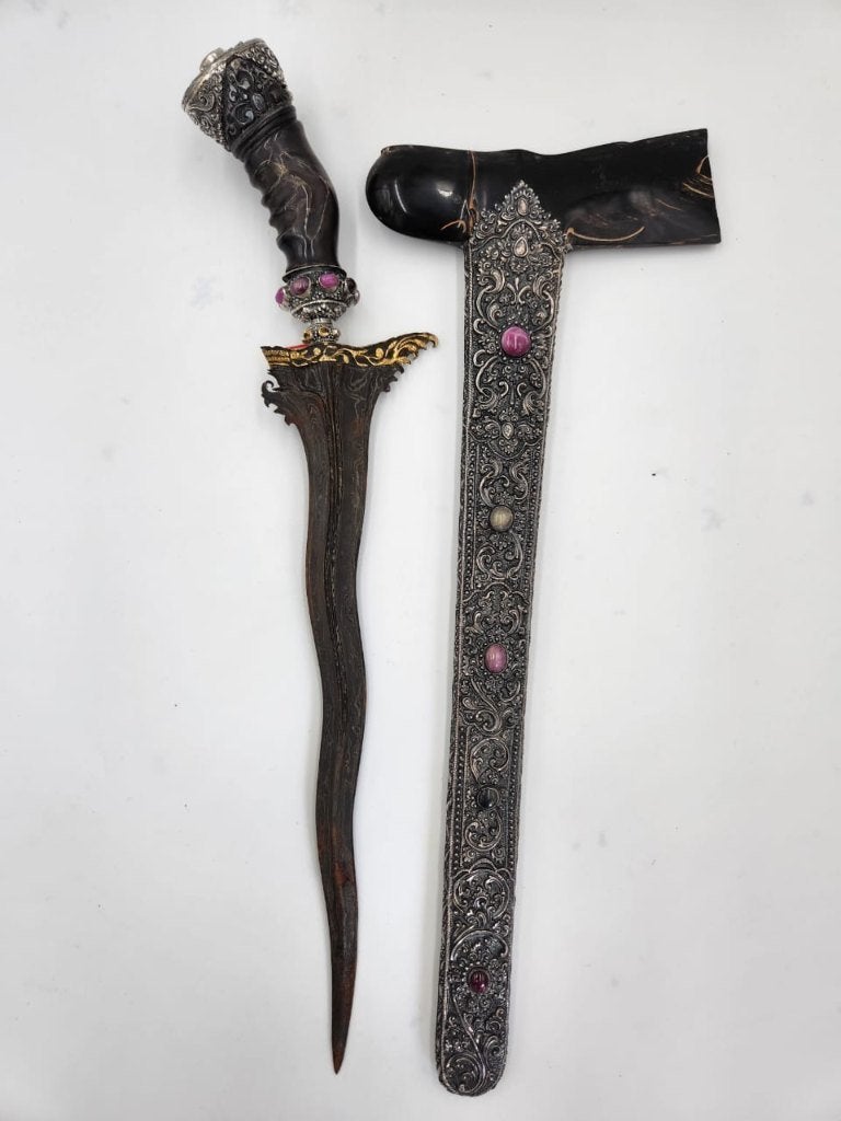 Kris Bali 11 Luk Kinatah Gold Pamor Beras Wutah Zilver KTA11, Wapen, 59 cm, Handgemaakt, Indonesië