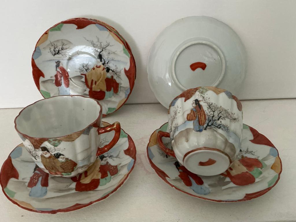 Japans eierschaal porselein theeset - 2 kopjes, 5 schotels, Ophalen