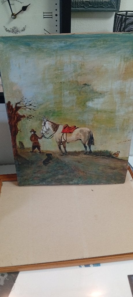Olieverfschilderij: Man met paard en hond, Paneel, Ophalen of Verzenden, Olieverf, Klassiek