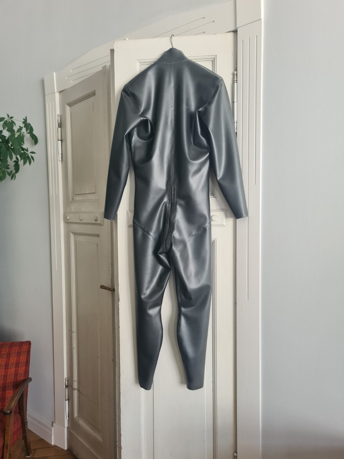 Donker Zilver Metallic Latex Catsuit Herenmaat M 0.45mm, Ophalen of Verzenden, Zo goed als nieuw, Obsimadlatex