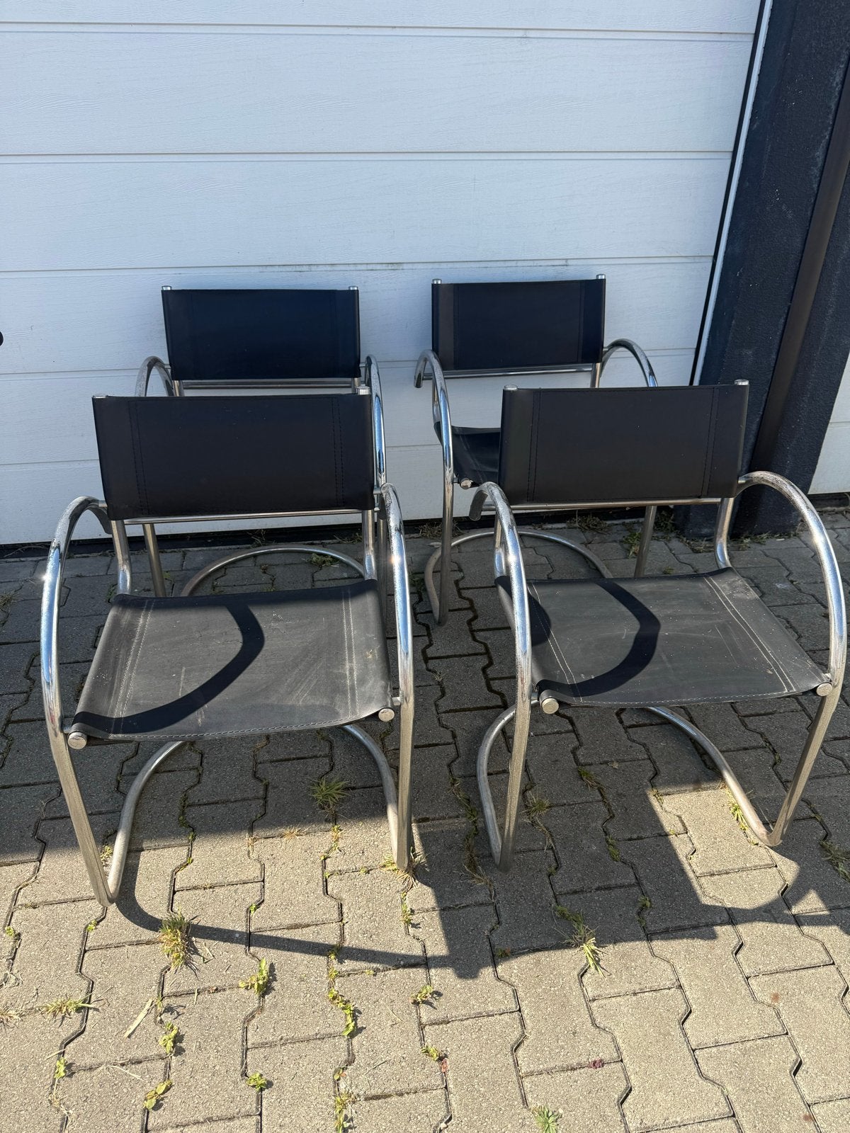 Set van 4 Bauhaus stijl buisframe stoelen, zwart leer, Huis en Inrichting, Stoelen, Ophalen, Gebruikt, Zwart, Leer