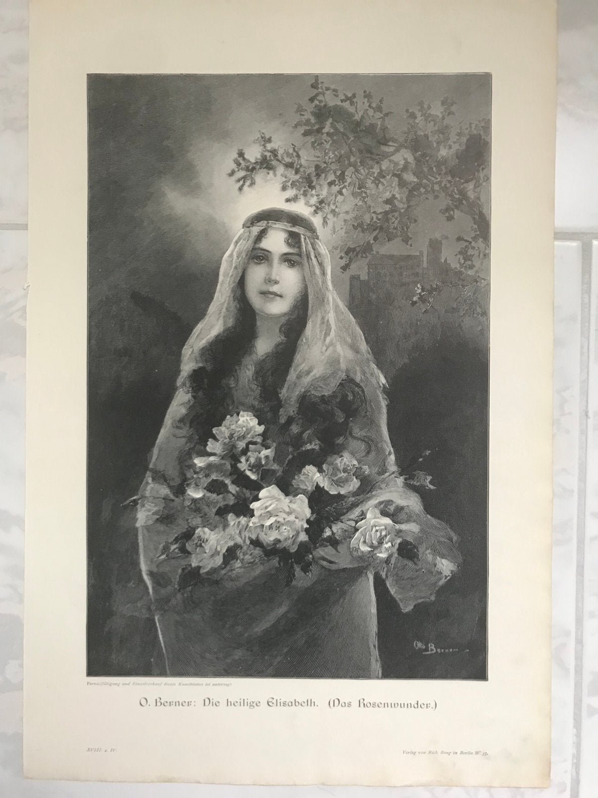O. Berner: Die heilige Elisabeth, 1893, or. gravure, 32x21cm, 1800 - 1899, Religie, Ophalen of Verzenden, 32 cm