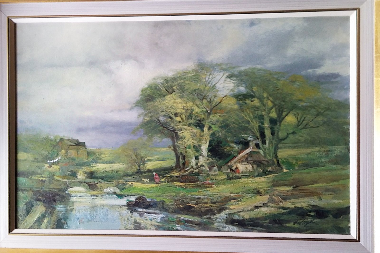Schilderij Job Vogel - Landschap met rivier en huis, Ophalen