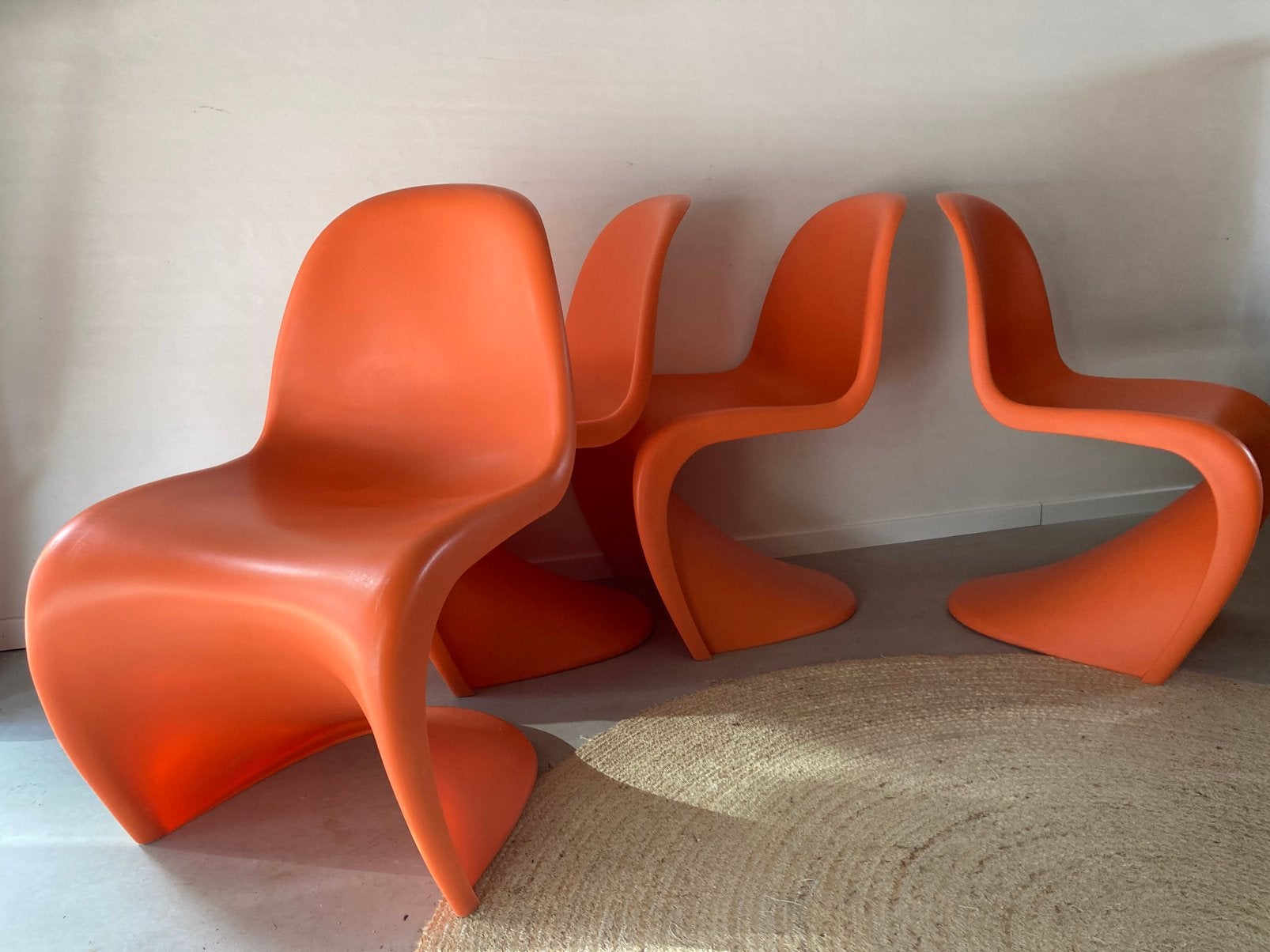 Set van vier oranje Verner Panton stoelen, Kunststof, Gebruikt, Overige kleuren, Vier
